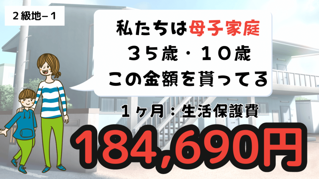 母子家庭で子供１人の生活保護費【２級地−１】